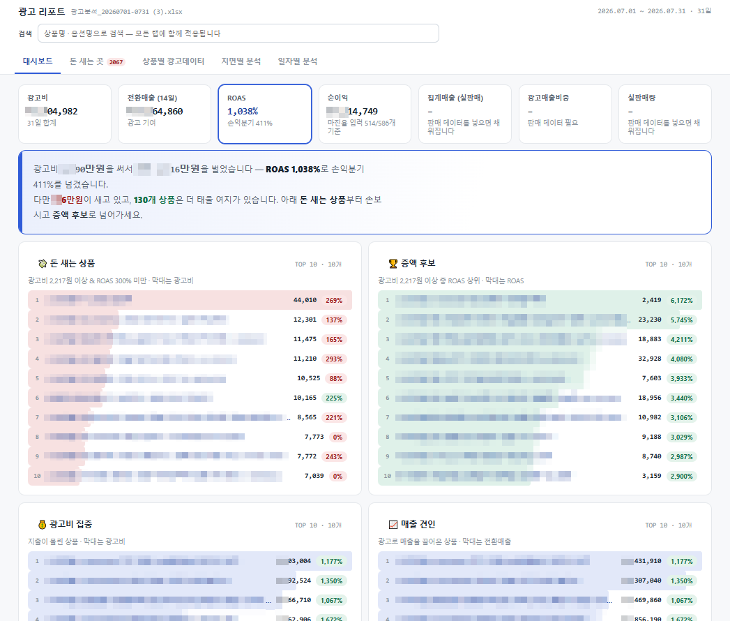 ⑥ 광고 리포트 — 대시보드